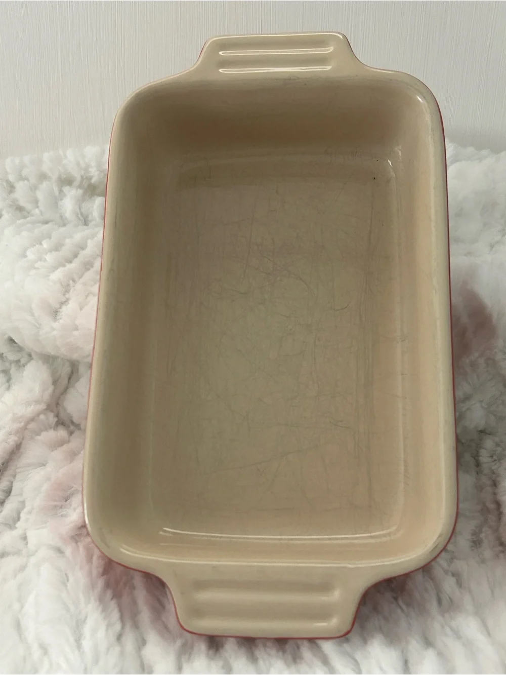 Le Creuset Cherry Red Rectangular Stoneware Baking Dish/Cream Interior 7”x5”